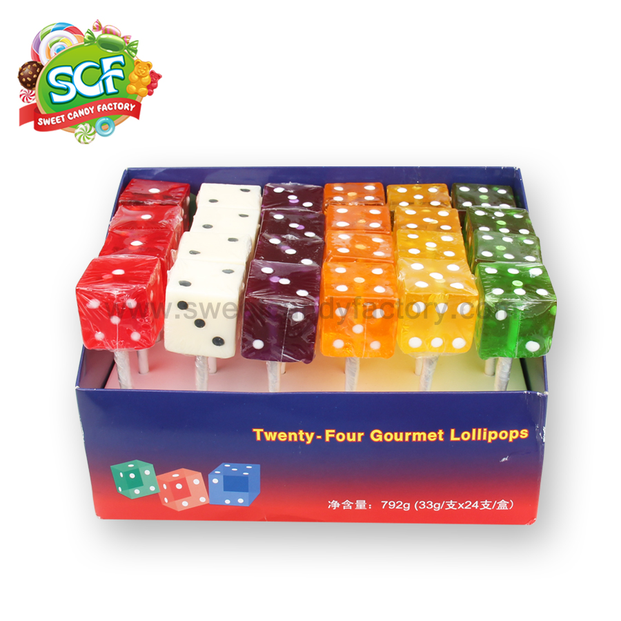 Colorful gourmet dice lollipop with display box produced by candy factory-sweetcandyfactory