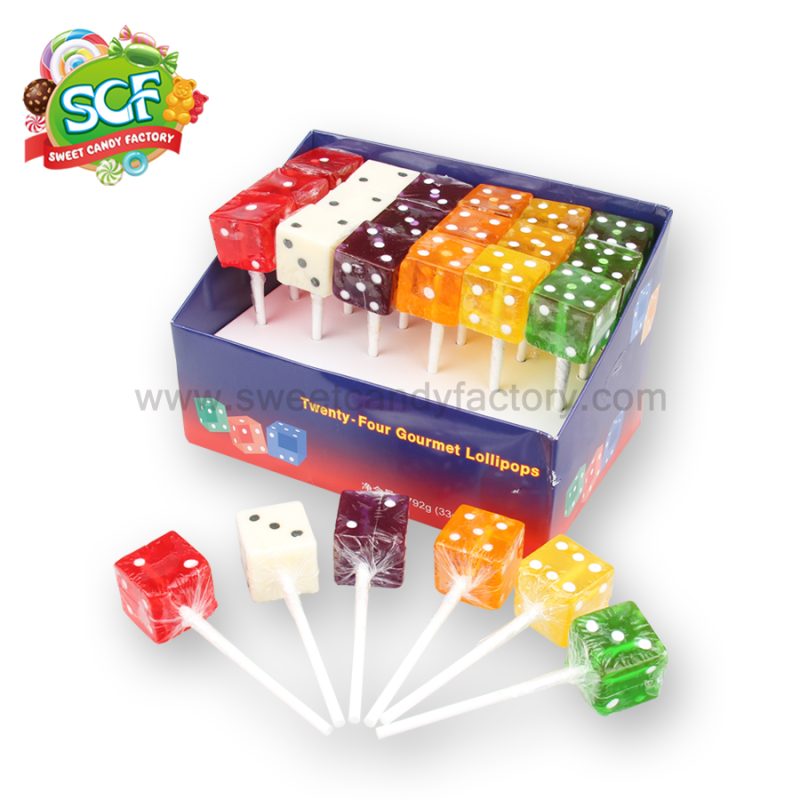 Colorful gourmet dice lollipop with display box produced by candy factory