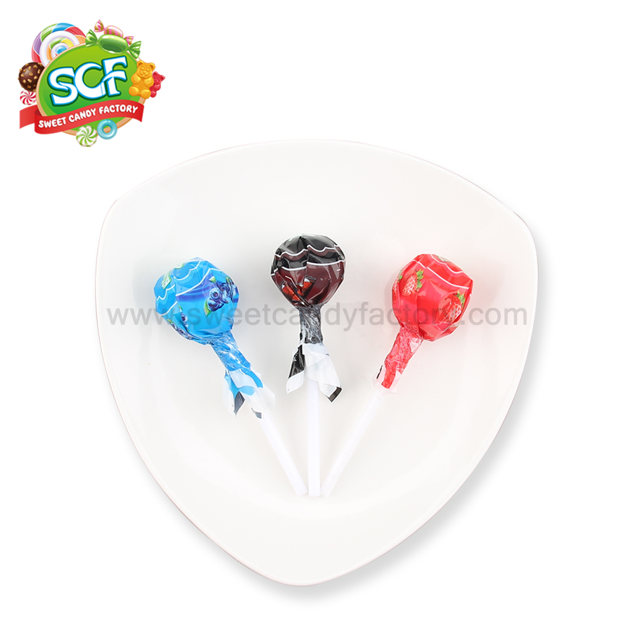 Hot sales multi color Fruity lollipop with fruit juice inside-sweetcandyfactory