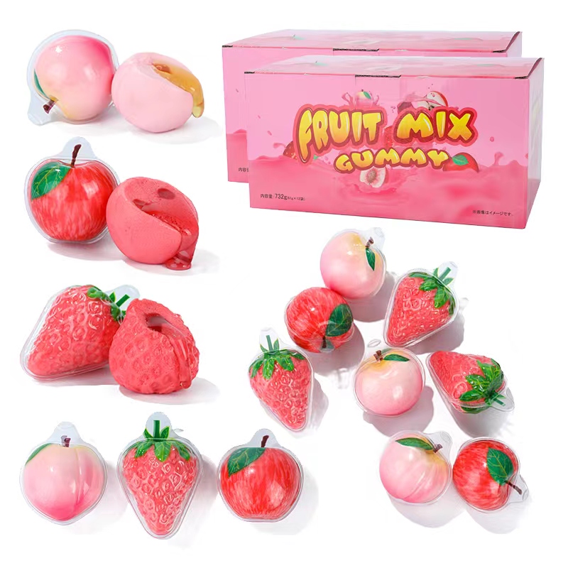 3D Bulk Gummy From China Candy Factory With Fruit Jam Inside Strawberry Peach Apple Shaped Gummy Candy
