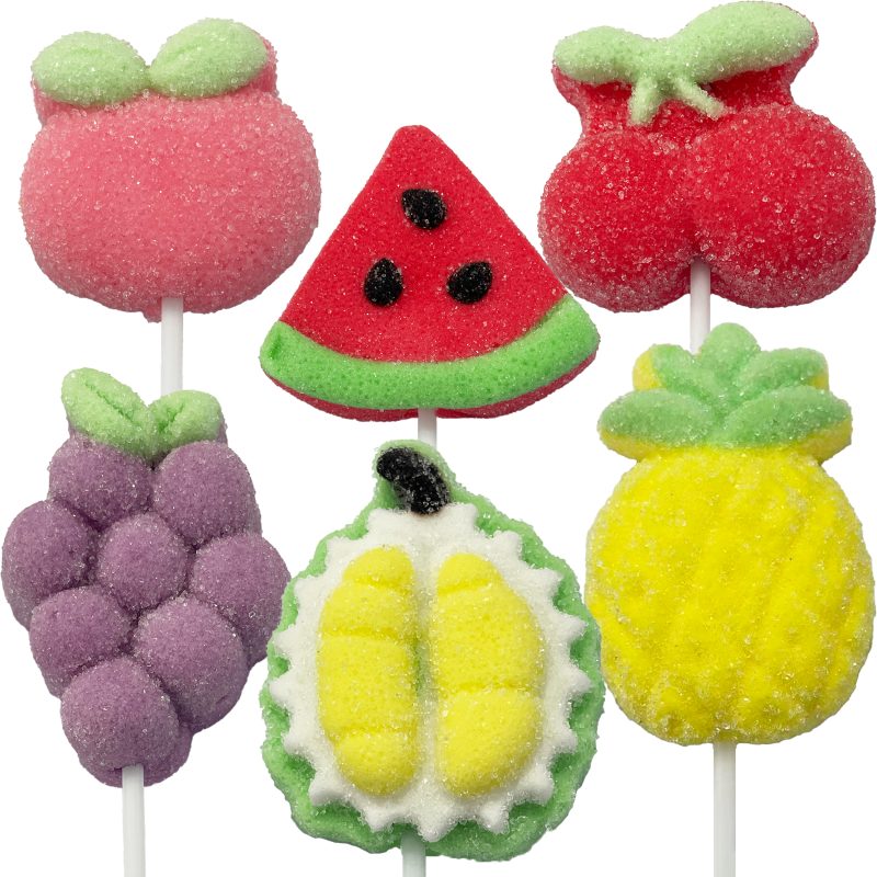 Customize Halal Jelly Candies Sweet Soft Gelatin 3D Fruit Shaped Marshmallow Lollipop